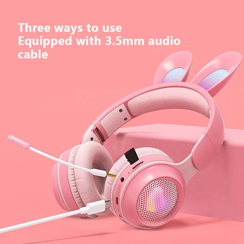 LED Bluetooth Rabbit Ear Headphones with Noise-Reduction Mic & TF Card Support