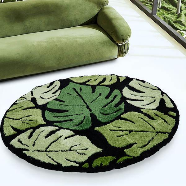 Round Green Monstera Leaf Plush Rug