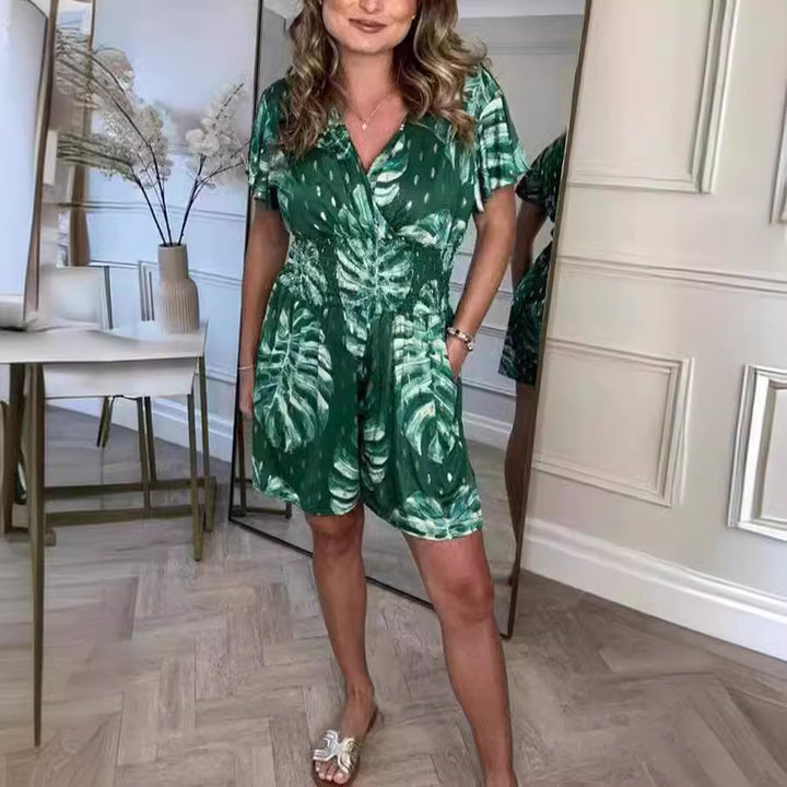 Leaf Print Shorts Jumpsuit Summer Beach Short-sleeved Bodysuit For Women Clothing