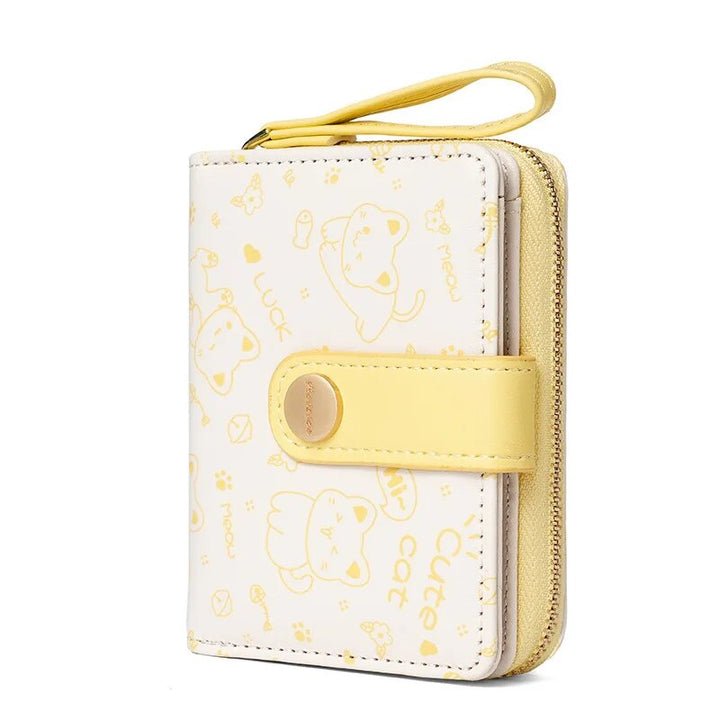 Cute Cat Compact Wallet - Zippered Coin and Card Holder with Key Storage