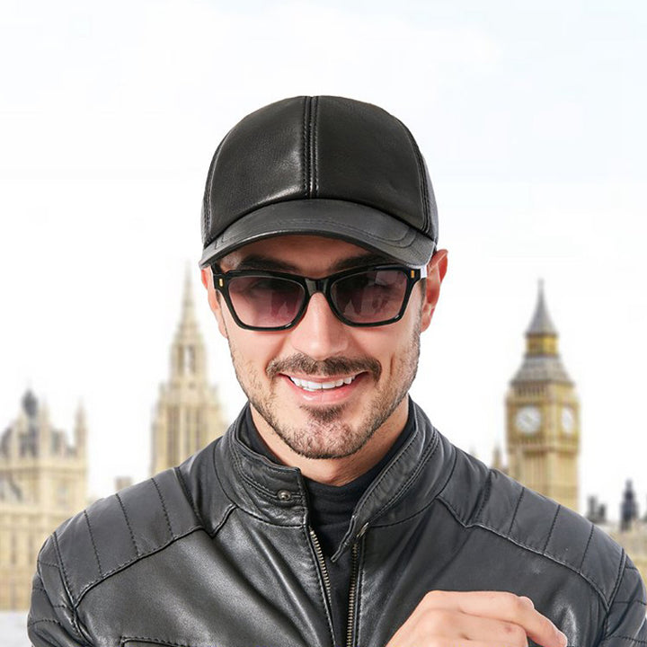 Men's Black Genuine Leather Baseball Cap