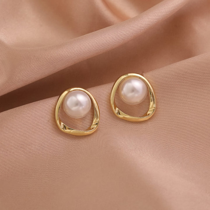 Gold Color Simulated Pearl Stud Earrings
