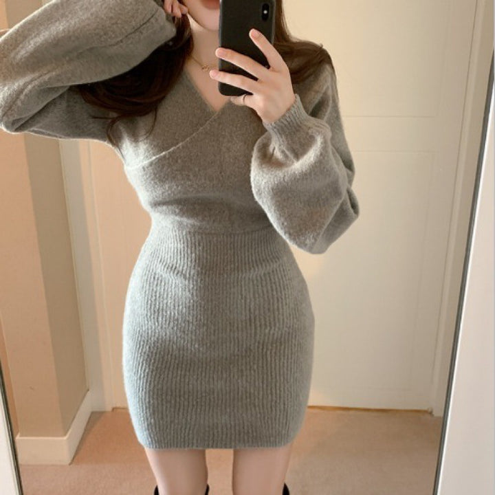 Cross V-neck Hip Women's Knitted Dress Sweater