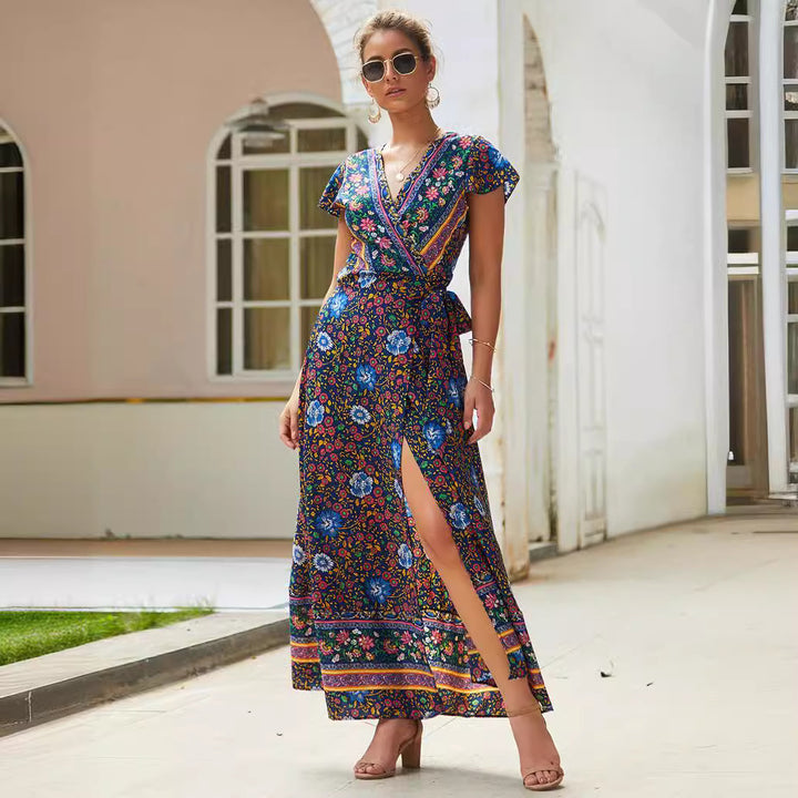 V-neck Split Bohemian Print Dress