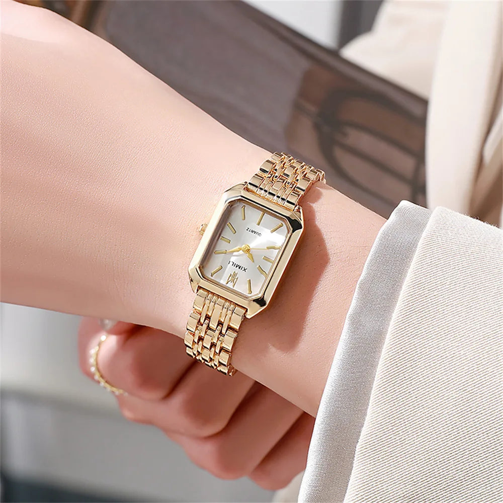 Elegant Women's Square Watch with Gold Alloy Strap