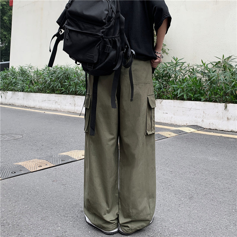 Japanese-style Retro Pants Men's Solid Color Wide Leg Washed Cotton Overalls Straight Loose Casual Trousers