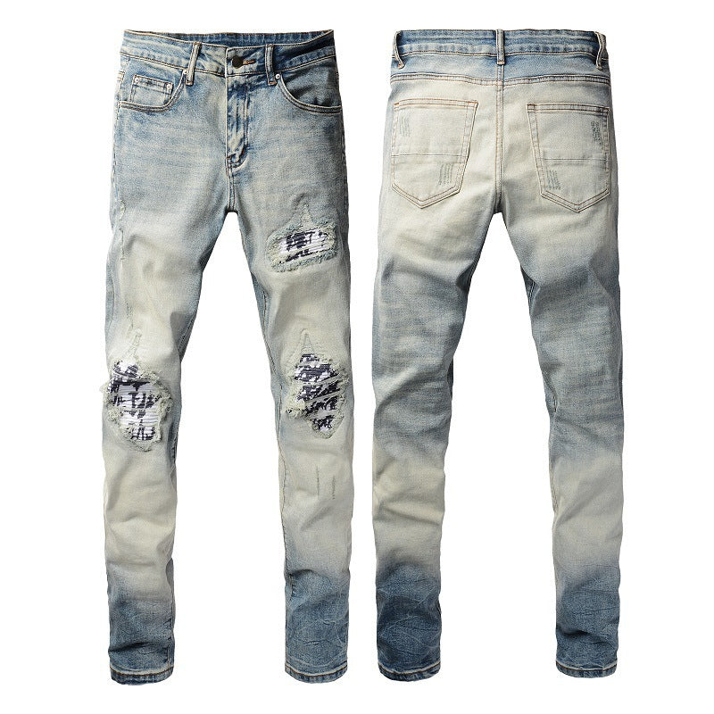 American High Street Fashionable Men's Ripped Black And White Patch Jeans