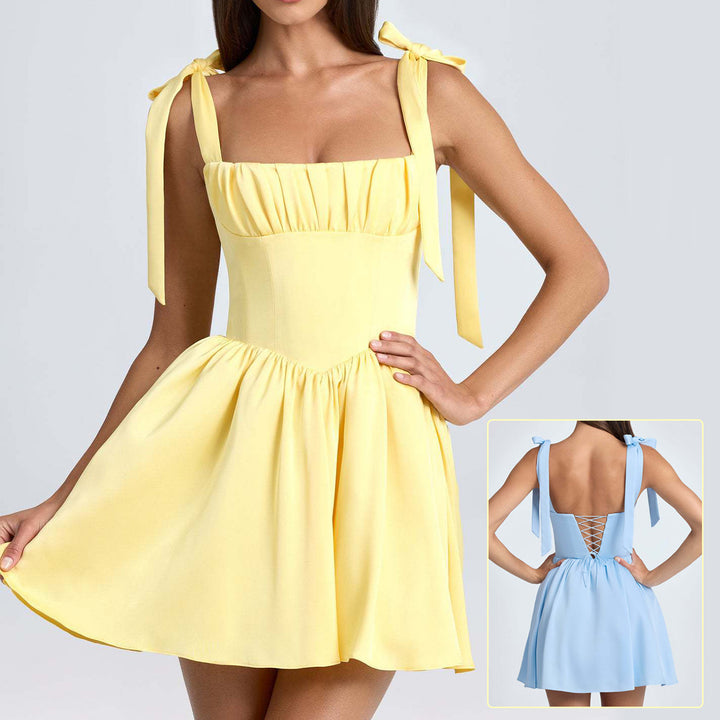 Bow-tied Strap Dress Summer Fashion Backless Square Collar High Waist Short Dress Beach Clothing For Women