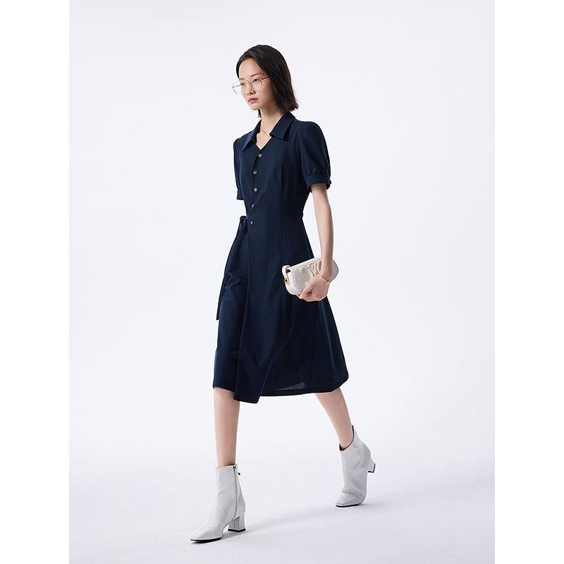 Elegant Navy Dress with Lace-Up Waistband