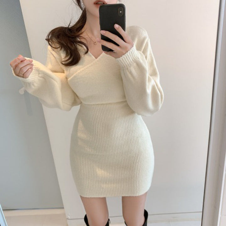 Cross V-neck Hip Women's Knitted Dress Sweater