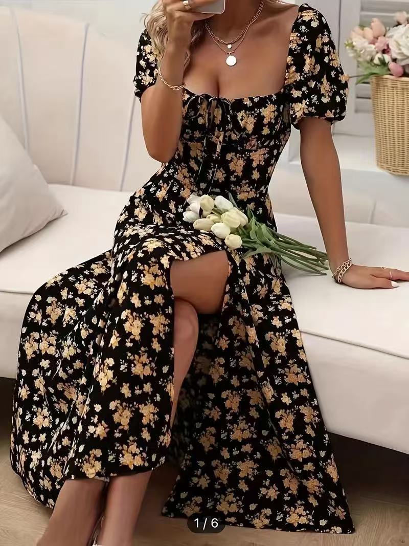 Floral Print Short Sleeve Split Dress Summer Fashion Lace-up Beach Long Dresses Women's Clothing