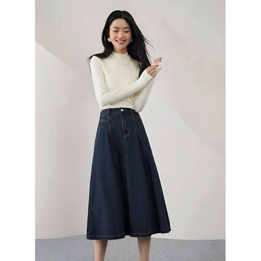 Cotton High Waist A-Line Retro Denim Skirt for Women