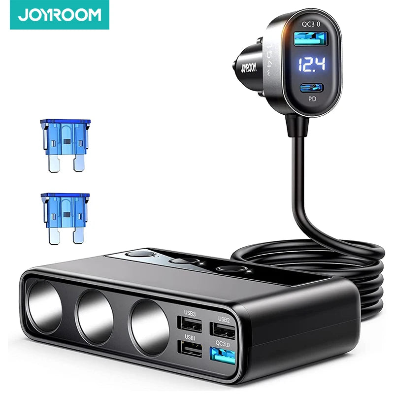 154W 9-in-1 Car Charger Adapter with 3 Sockets, 6 USB Ports, Fast Charging