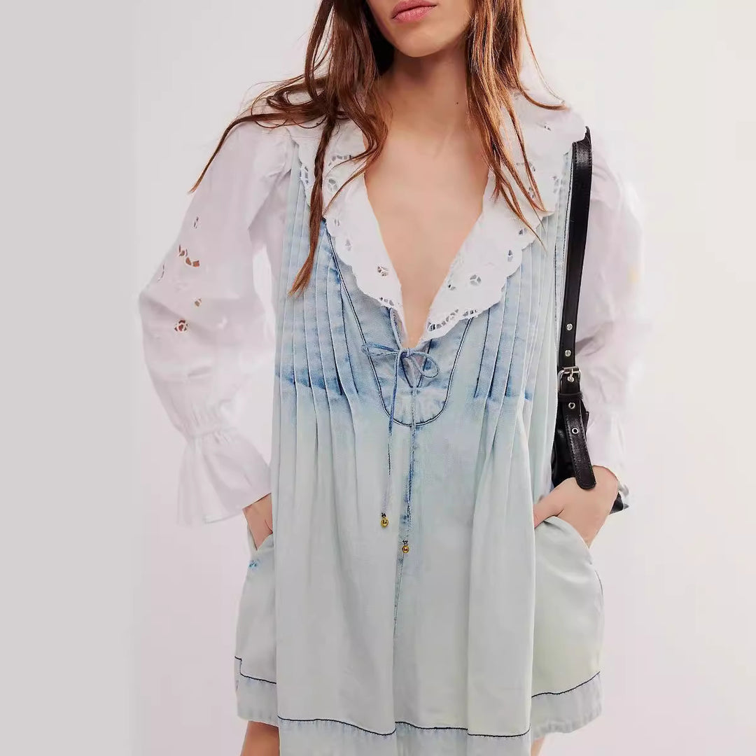 V-neck Sleeveless Denim Shorts Jumpsuit With Pockets Summer Fashion Loose Beach Pants