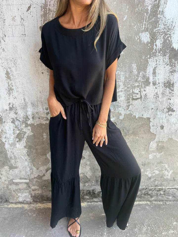 Short-sleeved Suit Summer Round Neck Pullover Top And Drawstring Wide-leg Pants Fashion Set For Women Clothing