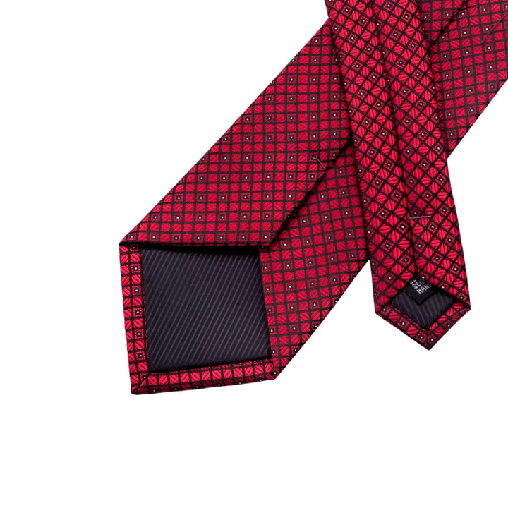 Elegant Red Plaid Silk Tie with Cufflinks and Handkerchief