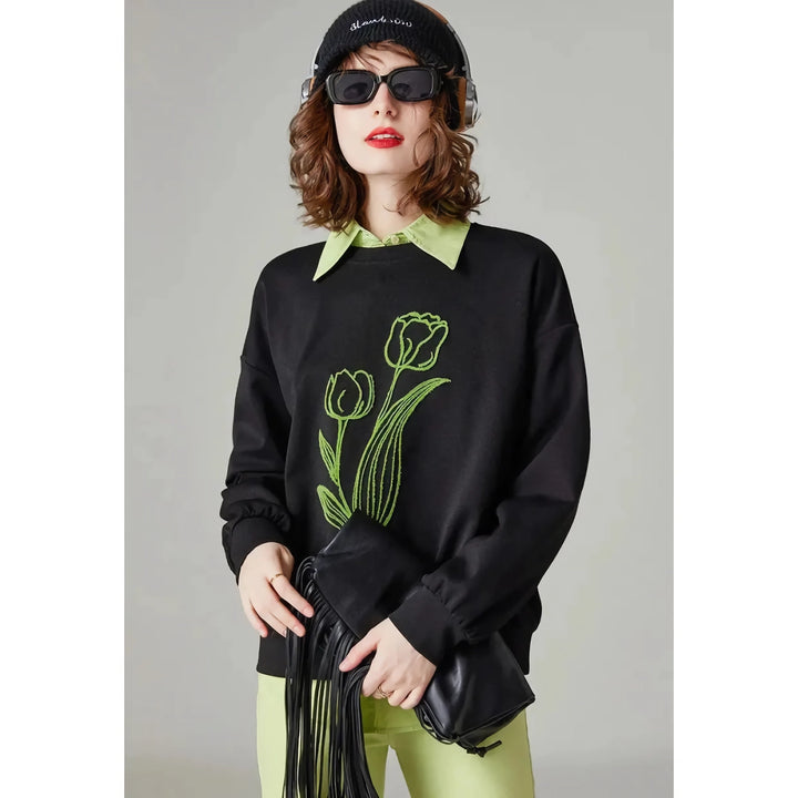 Fashionable Women's Floral Embroidered Loose Fit Pullover Hoodie