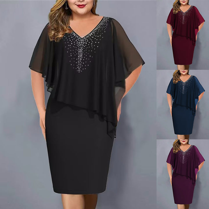 Plus Size Women's Chiffon Stitching Rhinestone Irregular Half Sleeve Dress