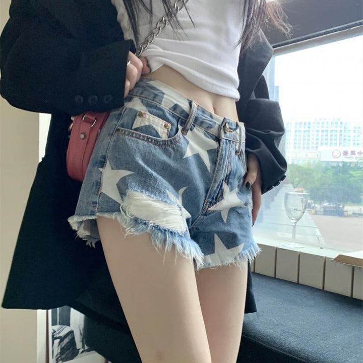 Women's Summer Star Vintage Print Raw Edge Denim Shorts