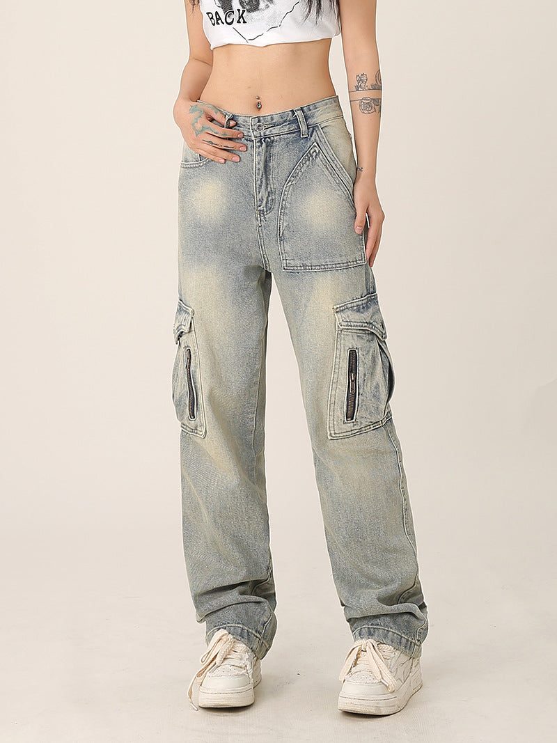 Retro Multi-pocket Workwear Jeans Loose Straight