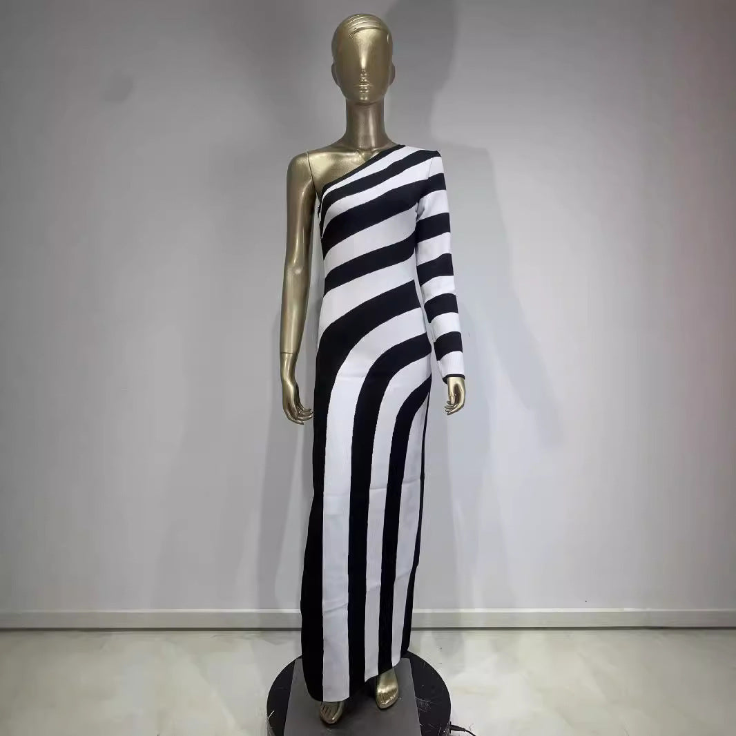 Zebra Stripe Shoulder Long Sleeve Exposed Leg Bandage One-piece Dress