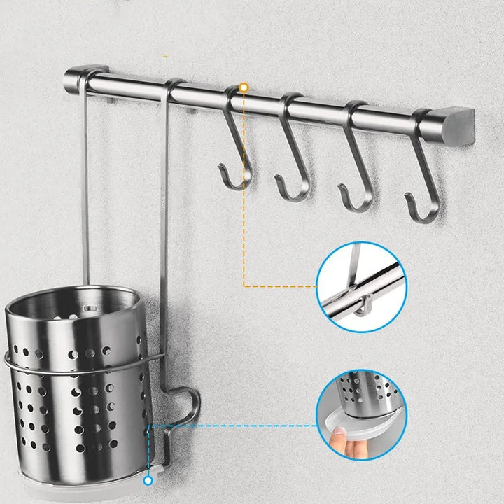 Stainless Steel Kitchen Wall Rack with Hooks