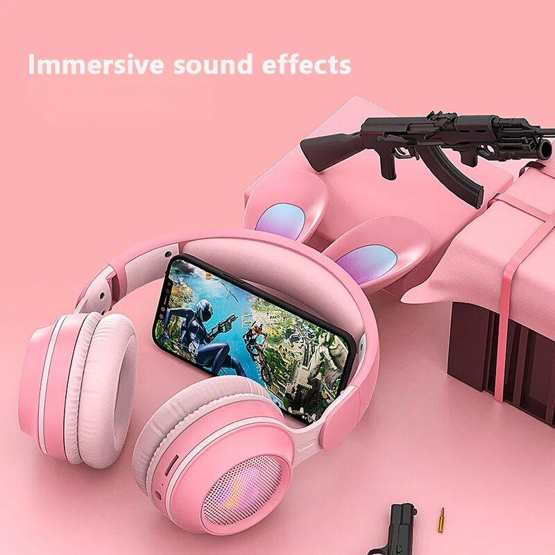 LED Bluetooth Rabbit Ear Headphones with Noise-Reduction Mic & TF Card Support