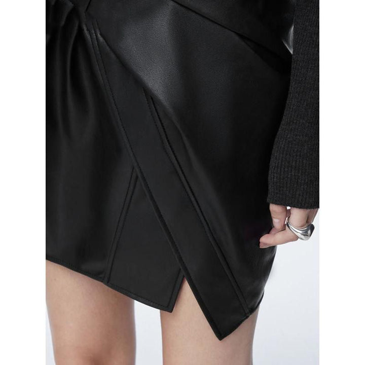 High Waist Asymmetrical Black Faux Leather Mini Skirt