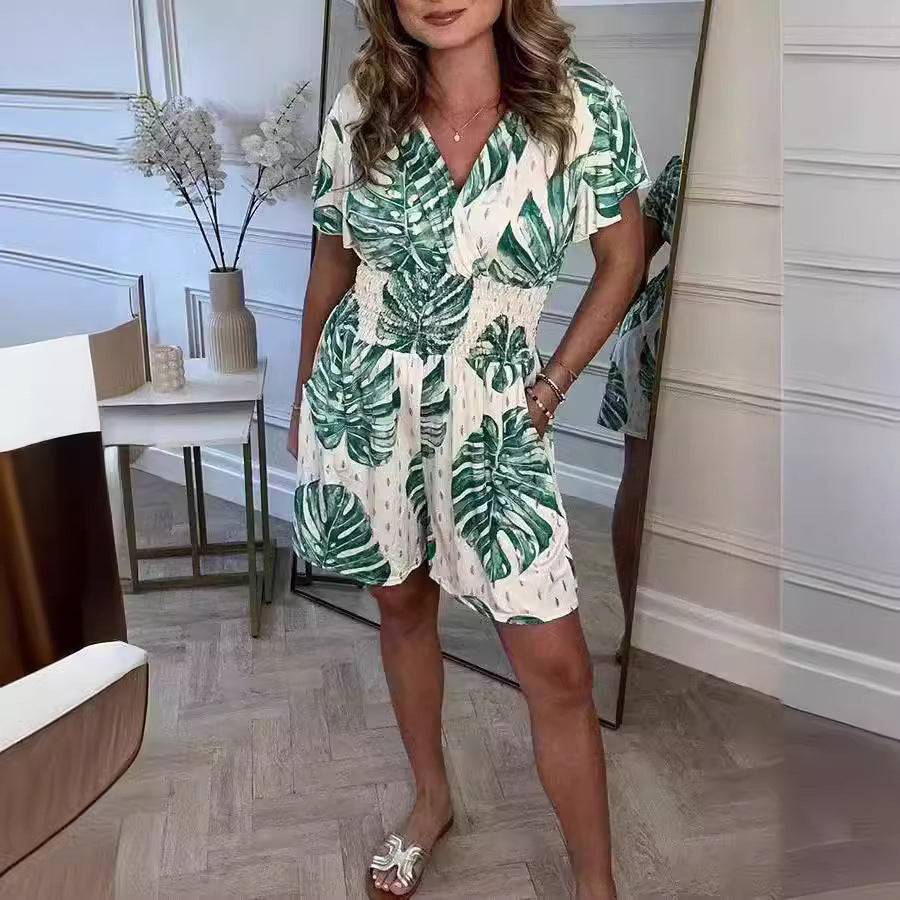 Leaf Print Shorts Jumpsuit Summer Beach Short-sleeved Bodysuit For Women Clothing