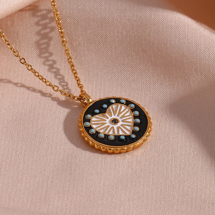 Double-Sided Black & White Enamel Heart Sunburst Necklace