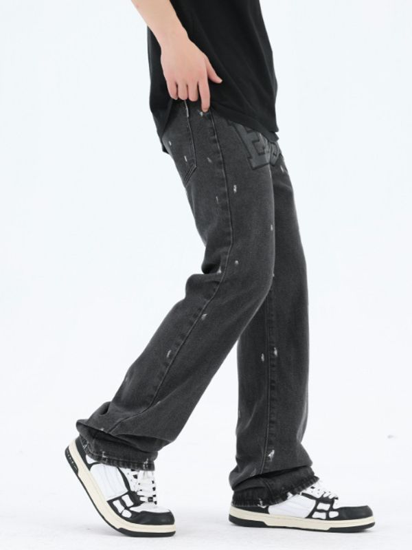 American Retro High Street Loose Straight Mop Leather Splash-ink Jeans