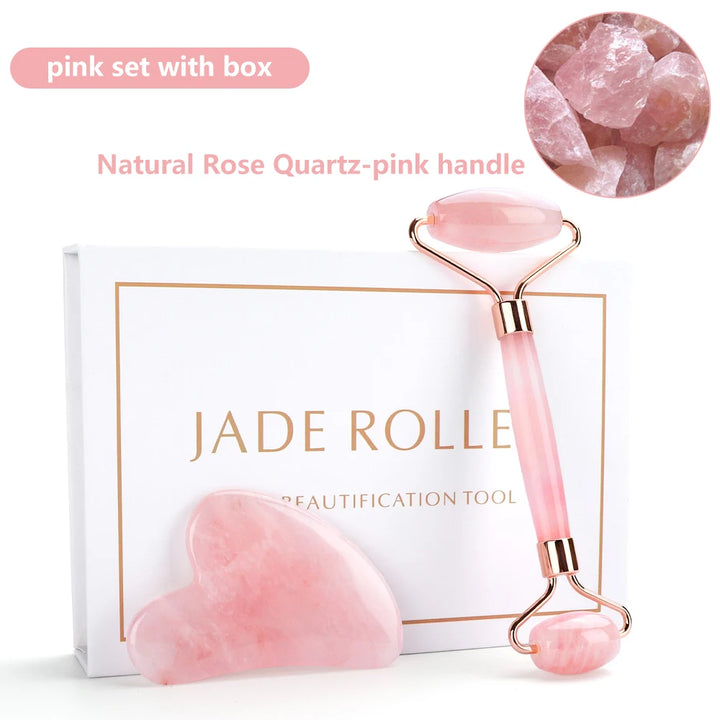 Natural Rose Quartz Jade Roller & Gua Sha Set