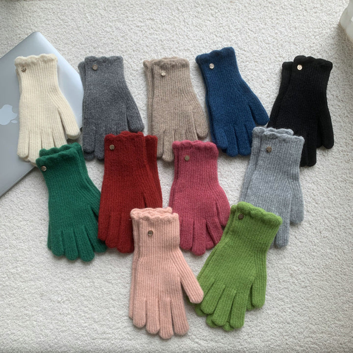 Winter Solid Color Woolen Ruffled Warm Gloves For Women