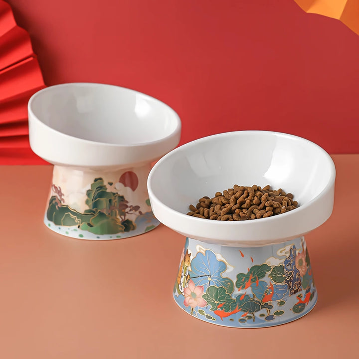 Chinese Style Ceramic Cat Bowl - Elevated Pet Food and Water Feeder