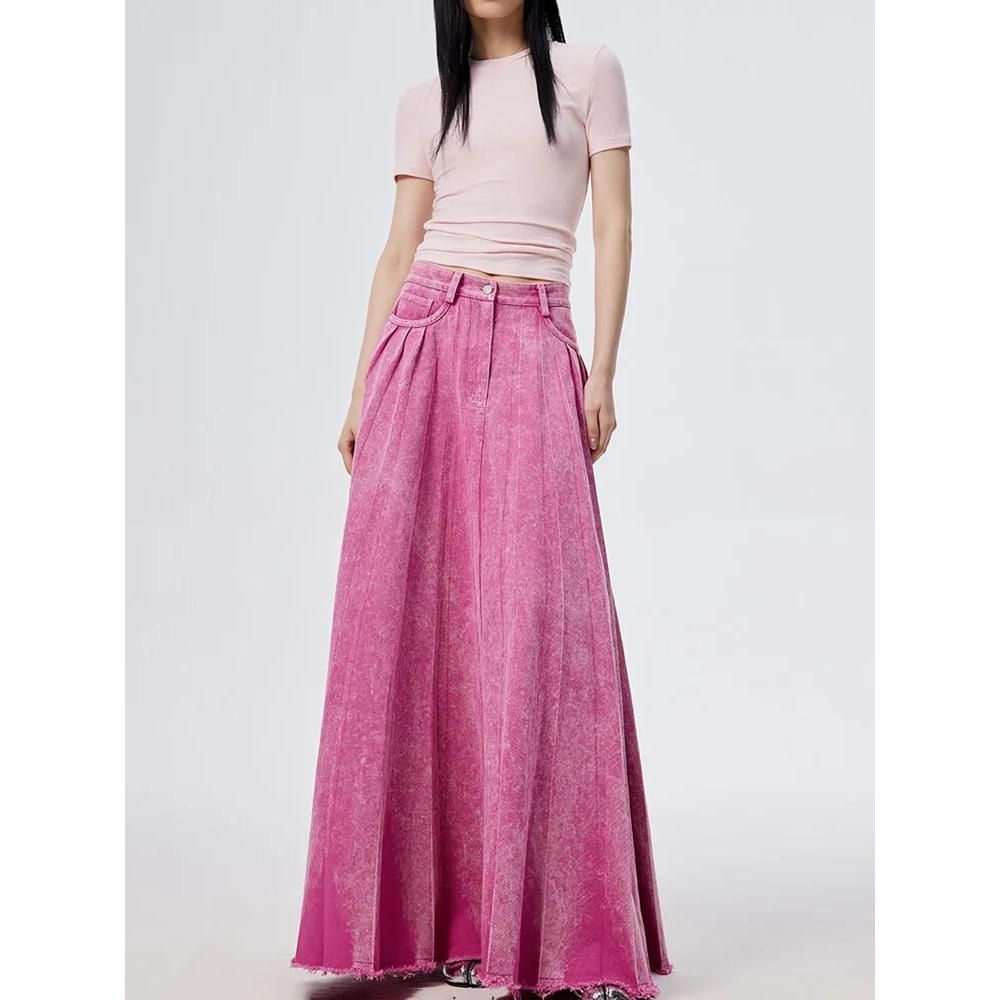 High Waist A-line Floor-Length Denim Skirt in Flash Rose Pink