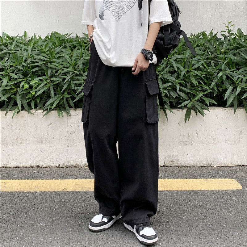 Japanese-style Retro Pants Men's Solid Color Wide Leg Washed Cotton Overalls Straight Loose Casual Trousers