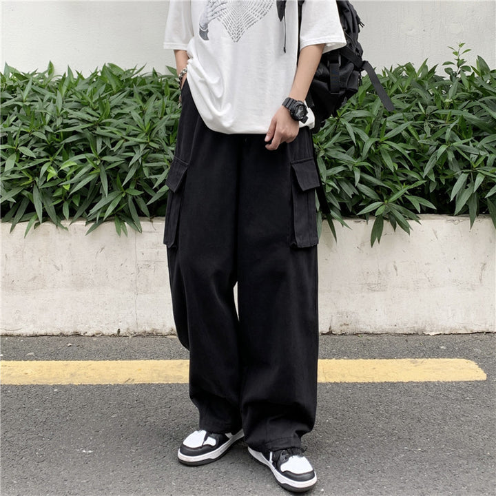 Japanese-style Retro Pants Men's Solid Color Wide Leg Washed Cotton Overalls Straight Loose Casual Trousers