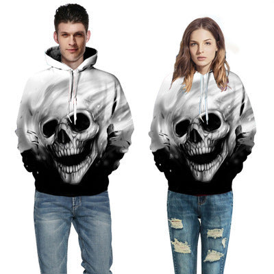 Blue Skull Printed Hood Pocket Pullover Sweater