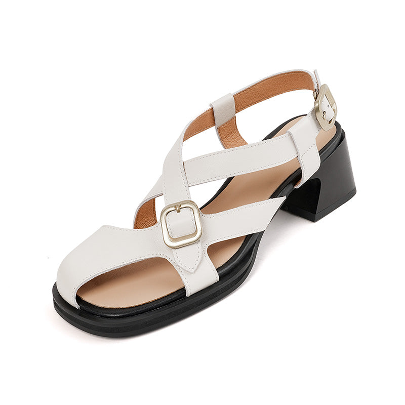 Summer Retro Square Heel Leather Sandals for Women