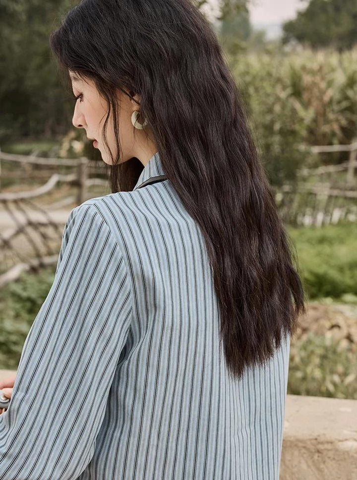 Blue-Grey Striped Patchwork Blouse