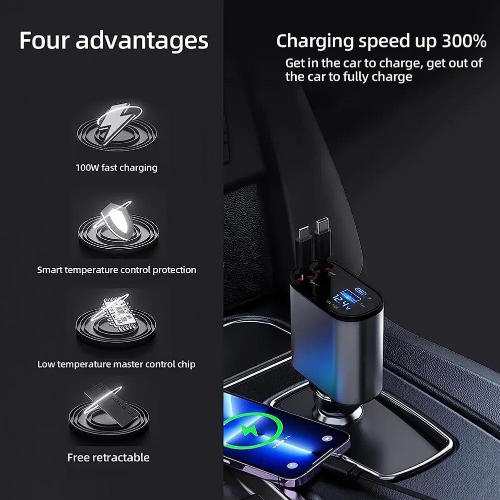 High-Speed 4-in-1 Retractable Car Charger with Dual USB, Type-C & Lightning Cables