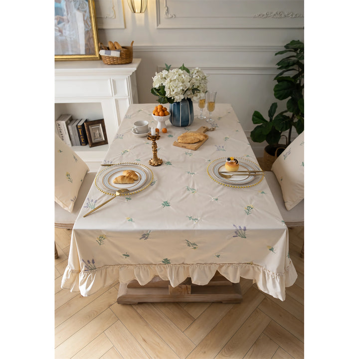 Elegant Cotton Apricot Embroidered Tablecloth with Lotus Leaf Edge