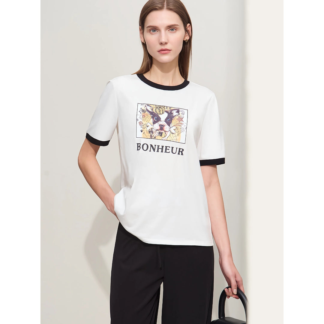 Minimalist Women's Cotton Puppy Print Patchwork T-Shirt