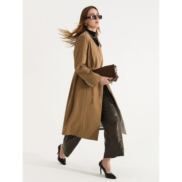 Elegant Women's Full-Length Trench Coat with Lace-Up Waist and Full Sleeves