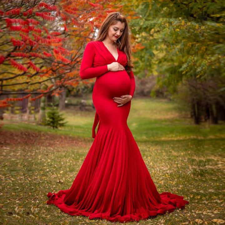 Mercerized Cotton Maternity V-neck Mop Long Sleeve Long Dress