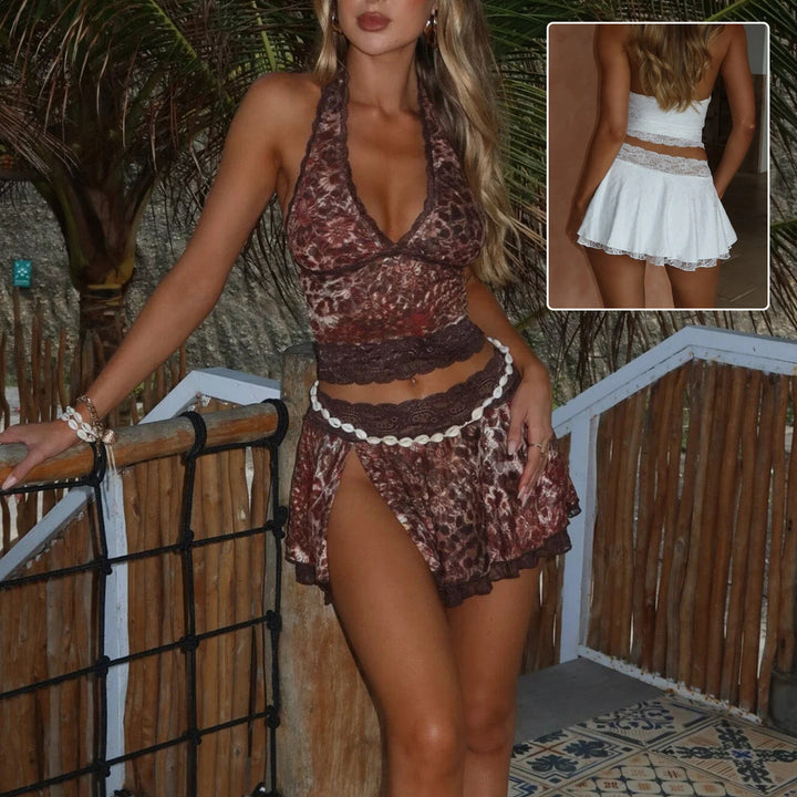 Lace Halter Deep V-neck Suits Fashion Split Skirt Summer Beach Leopard Set For Women Clothing