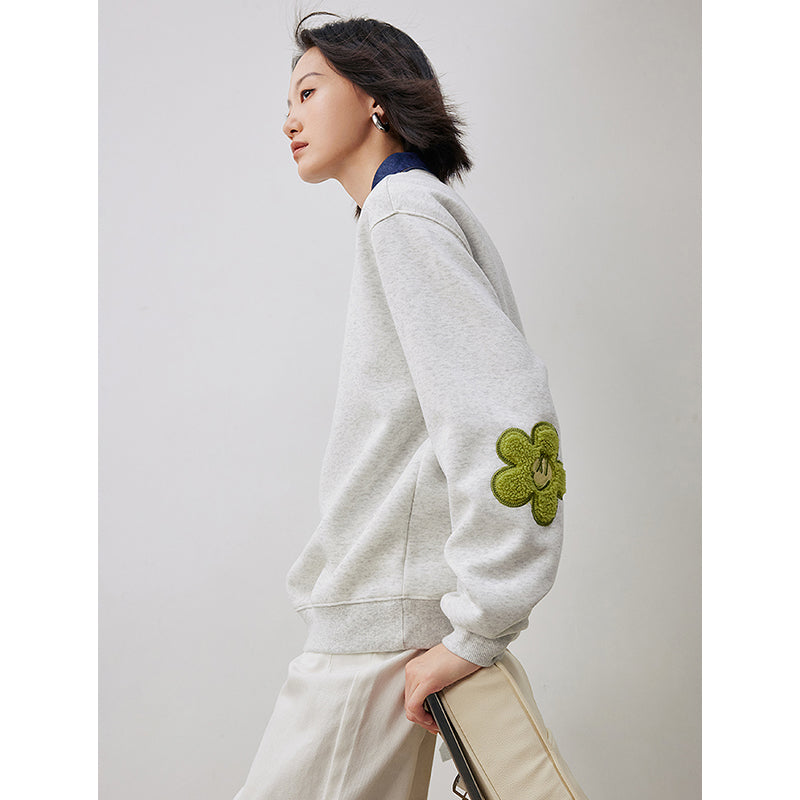 Floral Patchwork Sleeve Casual Pullover Sweatshirt for Women