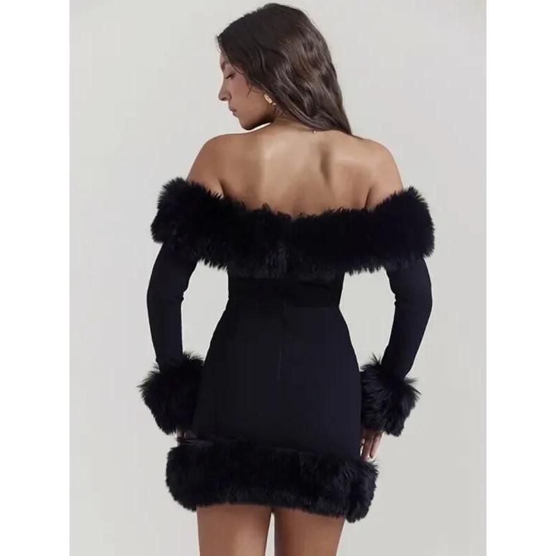 Elegant Off-Shoulder Fur-Trimmed Bodycon Mini Dress