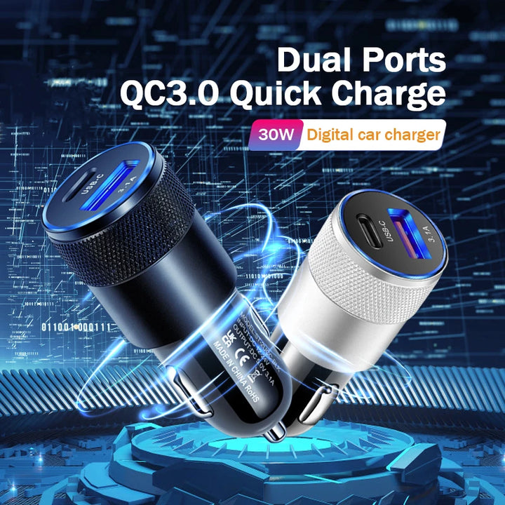 30W Mini USB-C Car Charger – Fast Charging Dual Port Adapter