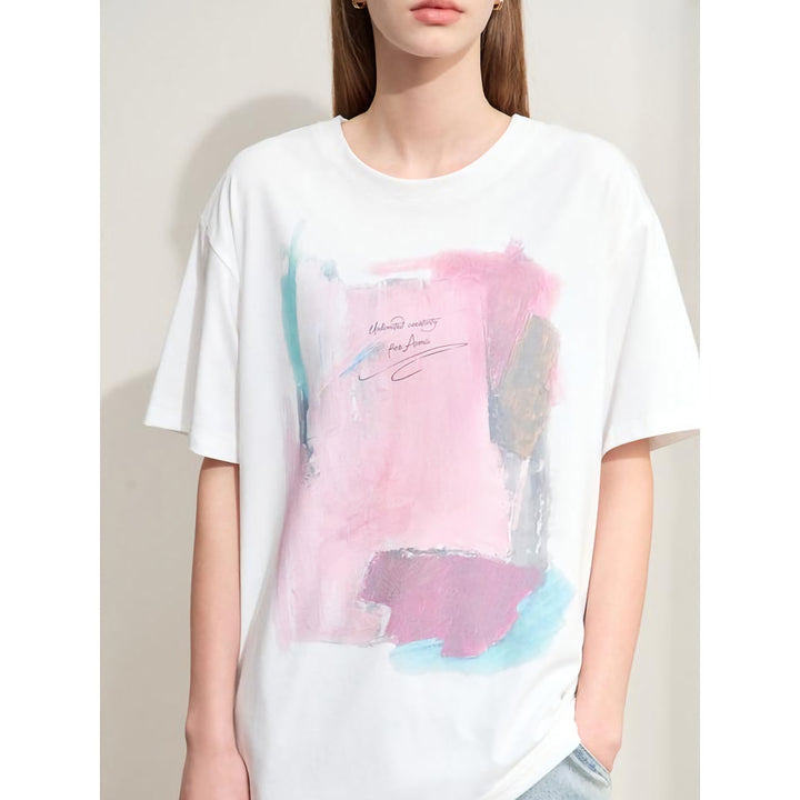 Minimalist Loose O-Neck Abstract Print T-Shirt for Women